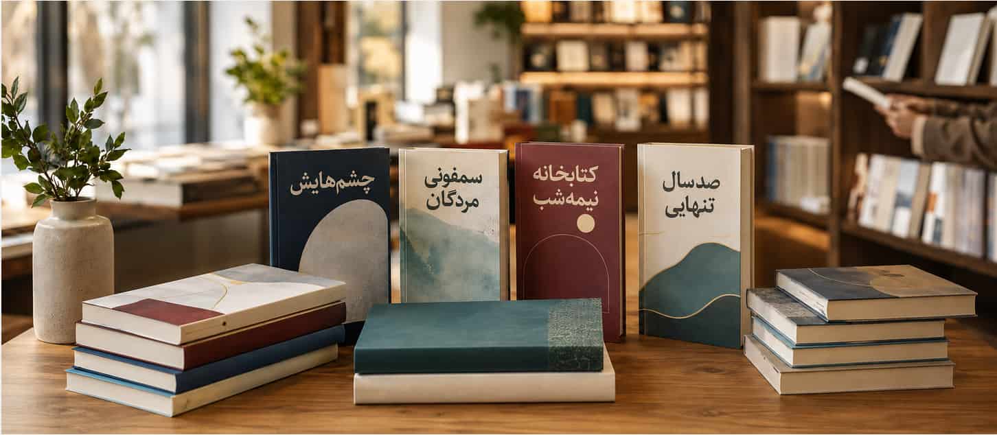 مجموعه‌ای از پرفروش‌ترین کتاب‌های ایران در سال ۱۴۰۴ در یک فروشگاه آنلاین کتاب